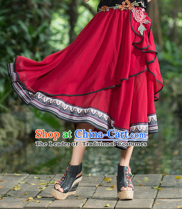 Traditional Ancient Chinese National Costume Pleated Skirt, Elegant Hanfu Embroidered Big Swing Dress, China Tang Suit Bust Skirt for Women