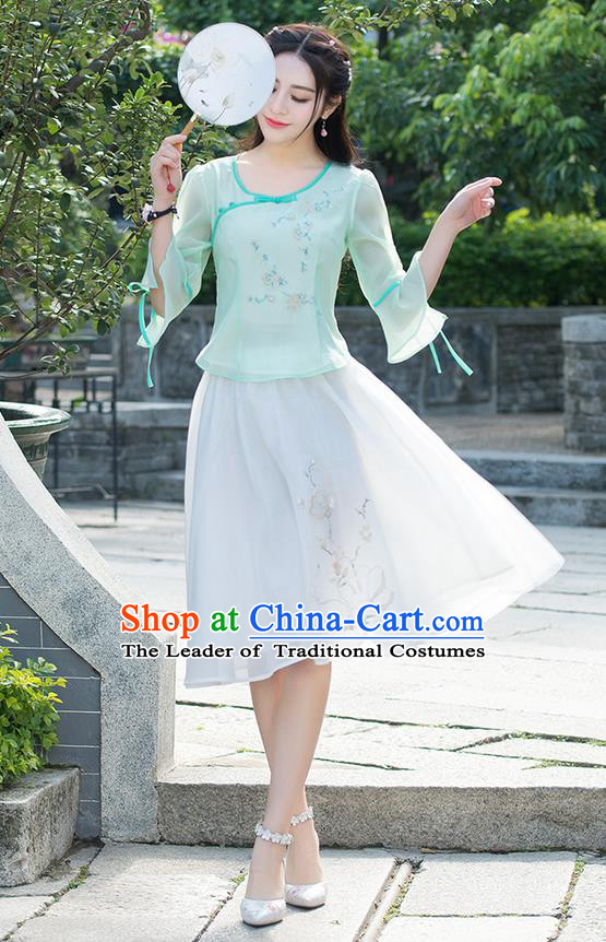 Traditional Ancient Chinese National Pleated Skirt Costume, Elegant Hanfu Embroidered Chiffon White Short Dress, China Tang Suit Bust Skirt for Women
