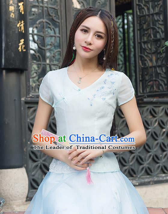 Traditional Ancient Chinese National Costume, Elegant Hanfu Embroidered Lace Edge Shirt, China Tang Suit Mandarin Collar Blouse Cheongsam Qipao Shirts Clothing for Women
