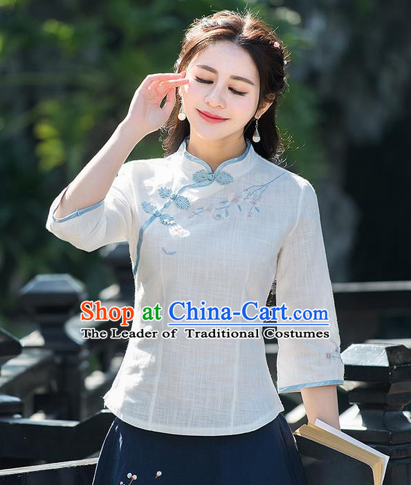Traditional Ancient Chinese National Costume, Elegant Hanfu Embroidered Shirt, China Tang Suit Mandarin Collar Blouse Cheongsam Qipao Shirts Clothing for Women