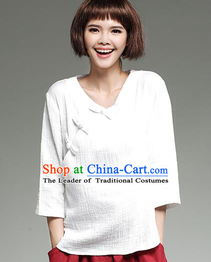 Traditional Ancient Chinese National Costume, Elegant Hanfu Plated Buttons Shirt, China Tang Suit Slant Opening White Blouse Cheongsam Qipao Shirts Clothing for Women