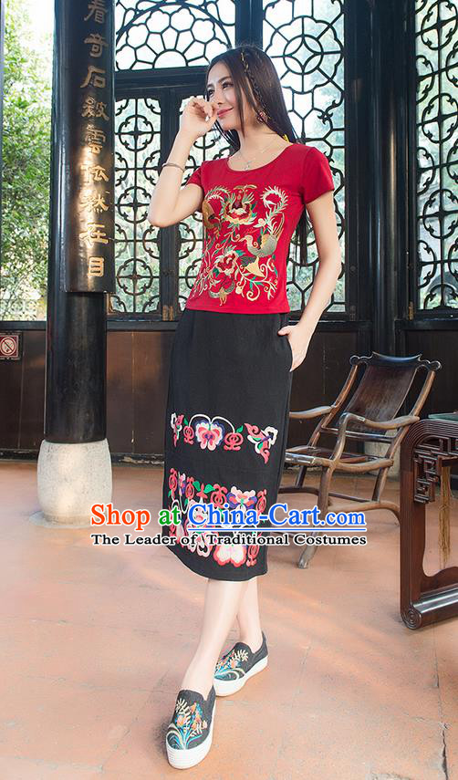 Traditional Chinese National Costume, Elegant Hanfu Embroidery Phoenix Totem Red T-Shirt, China Tang Suit Blouse Cheongsam Upper Outer Garment Qipao Shirts Clothing for Women