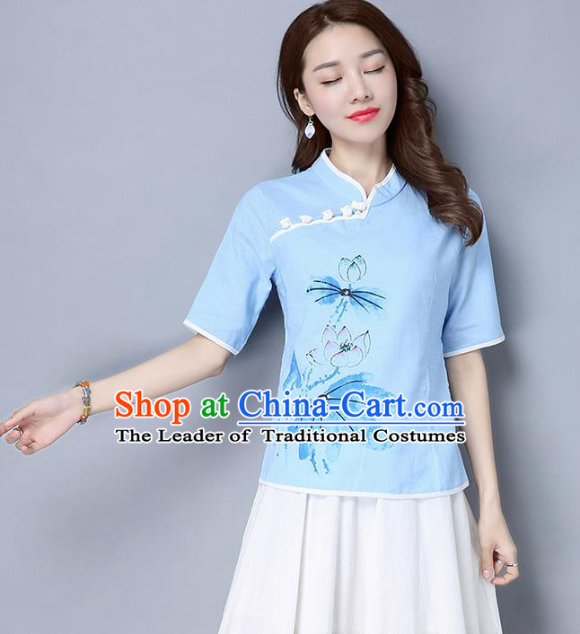 Traditional Ancient Chinese National Costume, Elegant Hanfu Stand Collar Painting Lotus Blue Shirt, China Tang Suit Mandarin Collar Blouse Cheongsam Qipao Shirts Clothing for Women
