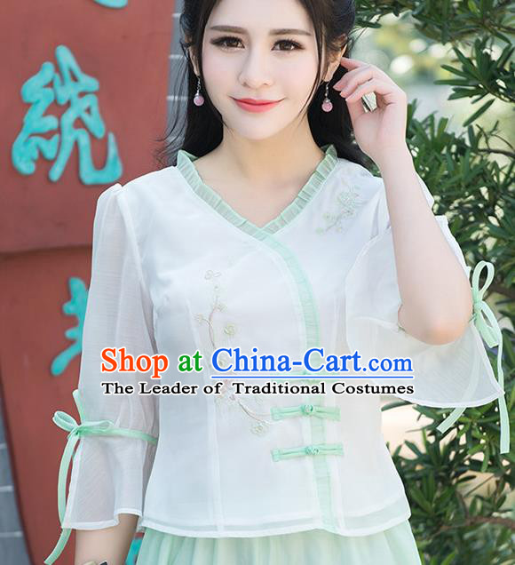 Traditional Ancient Chinese National Costume, Elegant Hanfu Chiffon Embroidered Shirt, China Tang Suit Mandarin Sleeve Blouse Cheongsam Qipao Shirts Clothing for Women