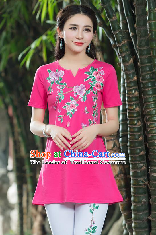 Traditional Chinese National Costume, Elegant Hanfu Embroidery Peach Blossom Flowers Pink T-Shirt, China Tang Suit Blouse Cheongsam Upper Outer Garment Qipao Shirts Clothing for Women