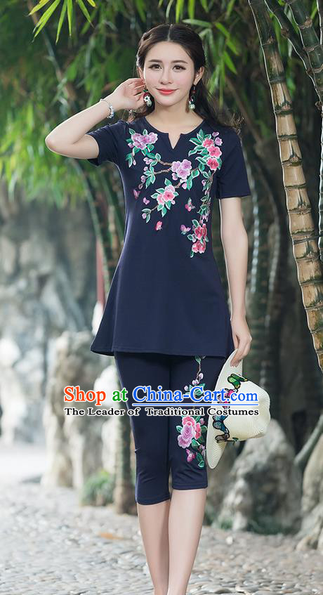 Traditional Chinese National Costume, Elegant Hanfu Embroidery Peach Blossom Flowers Navy T-Shirt, China Tang Suit Blouse Cheongsam Upper Outer Garment Qipao Shirts Clothing for Women