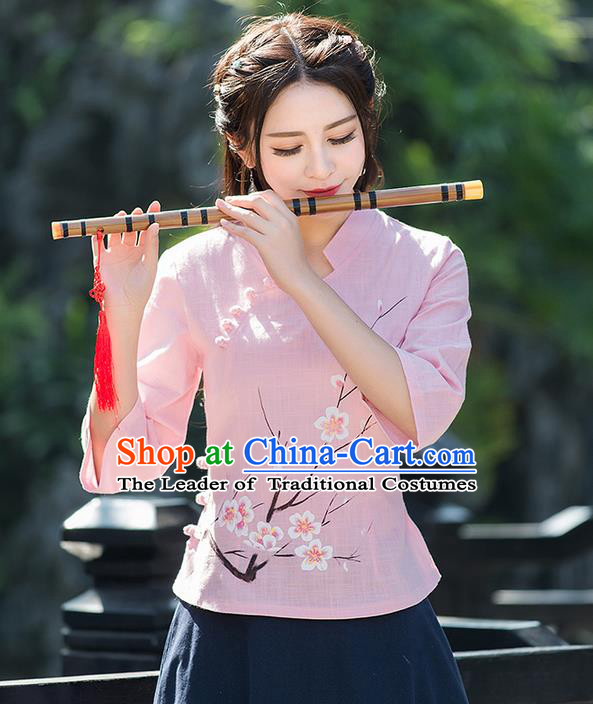 Traditional Ancient Chinese National Costume, Elegant Hanfu Embroidered Peach Flower Pink Shirt, China Ming Dynasty Tang Suit Blouse Cheongsam Qipao Shirts Clothing for Women