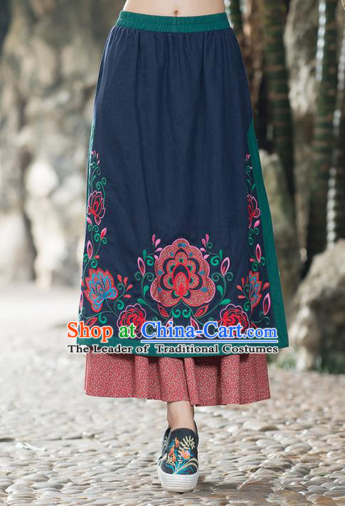 Traditional Ancient Chinese National Pleated Skirt Costume, Elegant Hanfu Embroidered Long Half Dress, China Tang Suit Navy Bust Skirt for Women