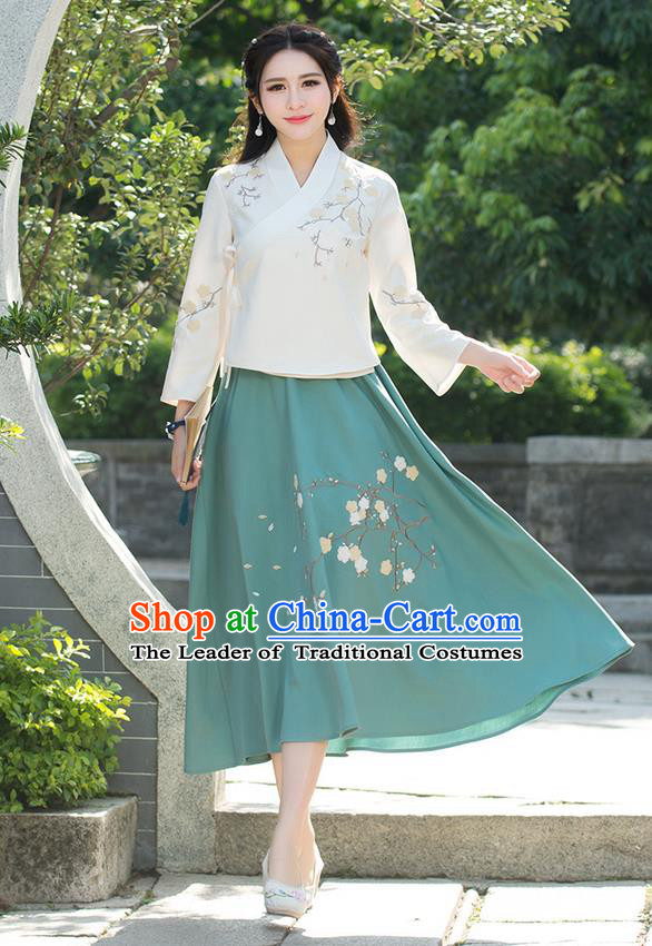 Traditional Chinese National Pleated Skirt Costume, Elegant Hanfu Embroidered Plum Blossom Long Green Dress, China Tang Suit Bust Skirt for Women