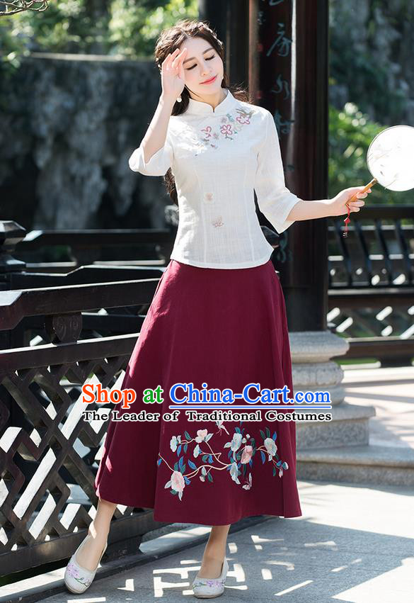 Traditional Ancient Chinese National Pleated Skirt Costume, Elegant Hanfu Embroidered Flowers Birds Red Half Dress, China Tang Suit Bust Skirt for Women