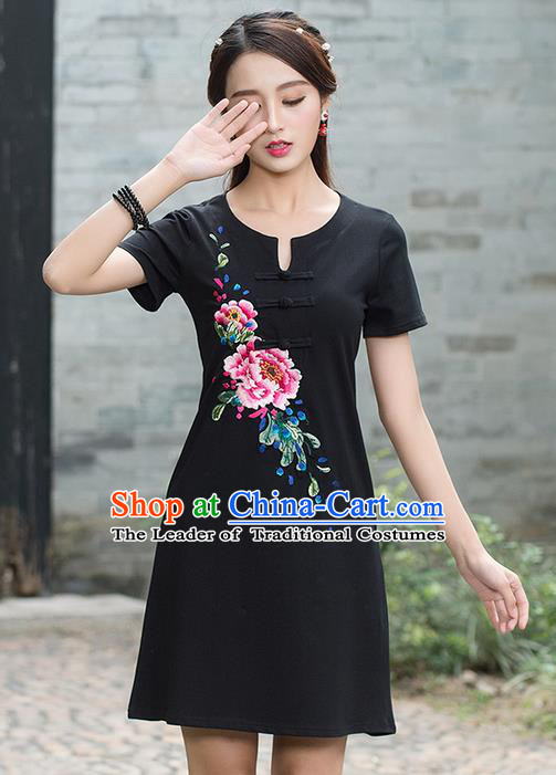 Traditional Ancient Chinese National Costume, Elegant Hanfu Plated Buttons Linen Embroidered Black Dress, China Tang Suit Cheongsam Upper Outer Garment Elegant Dress Clothing for Women