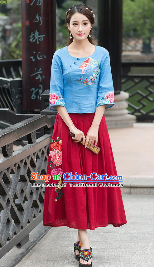 Traditional Ancient Chinese National Costume, Elegant Hanfu Linen Delicacy Embroidered Blue T-Shirt, China Tang Suit Mandarin Collar Blouse Cheongsam Qipao Shirts Clothing for Women