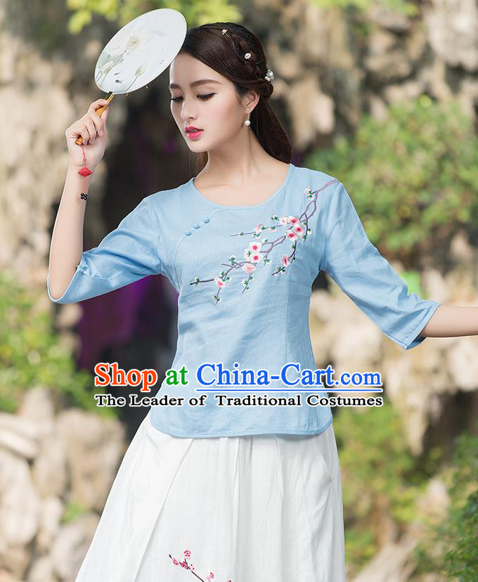 Traditional Chinese National Costume, Elegant Hanfu Embroidery Plum Blossom Round Collar Blue T-Shirt, China Tang Suit Plated Buttons Blouse Cheongsam Upper Outer Garment Qipao Shirts Clothing for Women