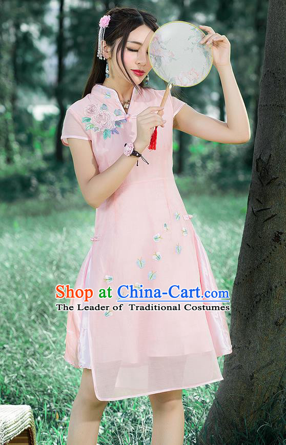 Traditional Ancient Chinese National Costume, Elegant Hanfu Mandarin Qipao Embroidered Pink Stand Collar Dress, China Tang Suit Plated Buttons Cheongsam Upper Outer Garment Elegant Dress Clothing for Women