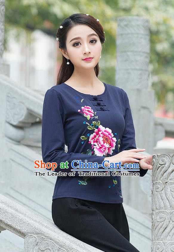Traditional Chinese National Costume, Elegant Hanfu Embroidery Flowers Mandatin Collar Navy T-Shirt, China Tang Suit Plated Buttons Blouse Cheongsam Upper Outer Garment Qipao Shirts Clothing for Women