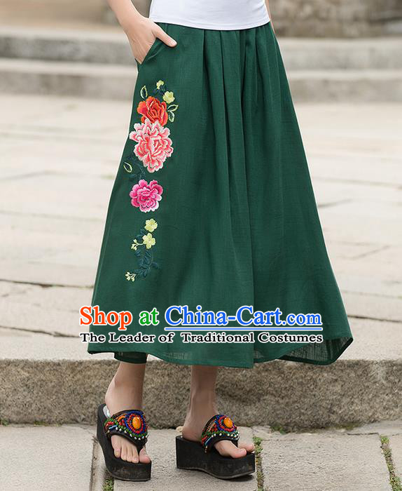 Traditional Ancient Chinese National Pleated Skirt Costume, Elegant Hanfu Embroidered Green Long Dress, China Tang Suit Palace Lady Big Swing Bust Skirt for Women