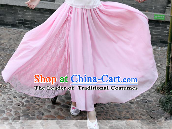 Traditional Ancient Chinese National Pleated Skirt Costume, Elegant Hanfu Chiffon Lace Long Dress, China Tang Suit Big Swing Pink Bust Skirt for Women