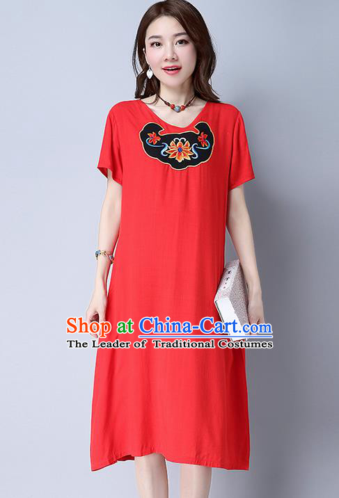 Traditional Ancient Chinese National Costume, Elegant Hanfu Mandarin Qipao Linen Patch Embroidery Red Dress, China Tang Suit Chirpaur Republic of China Cheongsam Upper Outer Garment Elegant Dress Clothing for Women