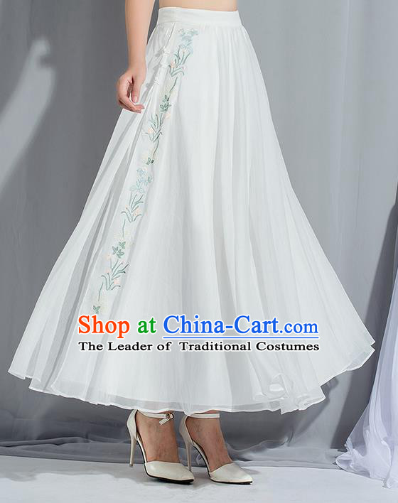 Traditional Ancient Chinese National Pleated Skirt Costume, Elegant Hanfu Chiffon Embroidery Long White Dress, China Tang Dynasty Bust Skirt for Women