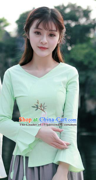 Traditional Chinese National Costume, Elegant Hanfu Slant Opening Print Peach Blossom Green Shirt, China Tang Suit Republic of China Blouse Cheongsam Upper Outer Garment Qipao Shirts Clothing for Women