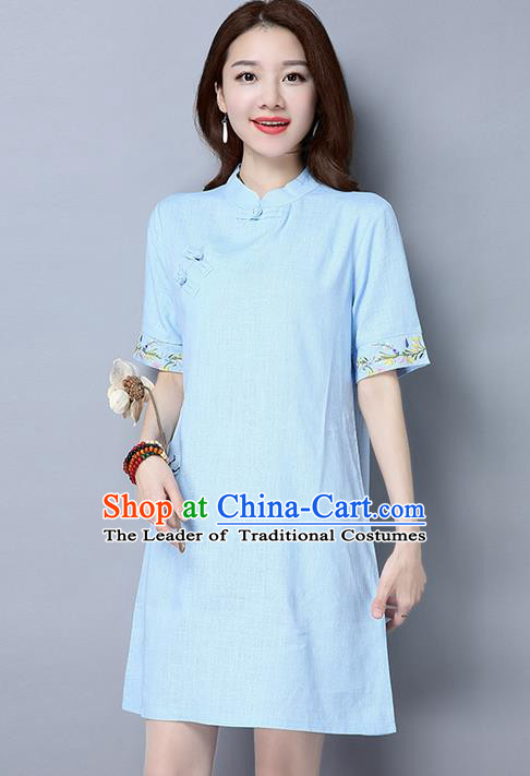 Traditional Ancient Chinese National Costume, Elegant Hanfu Mandarin Qipao Brocade Embroidered Blue Dress, China Tang Suit Chirpaur Republic of China Cheongsam Upper Outer Garment Elegant Dress Clothing for Women