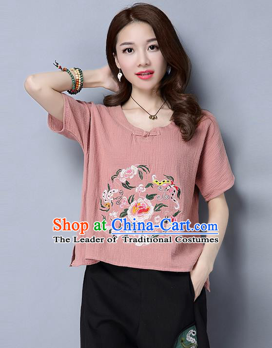 Traditional Chinese National Costume, Elegant Hanfu Embroidery Flowers Pink T-Shirt, China Tang Suit Republic of China Plated Buttons Blouse Cheongsam Upper Outer Garment Qipao Shirts Clothing for Women