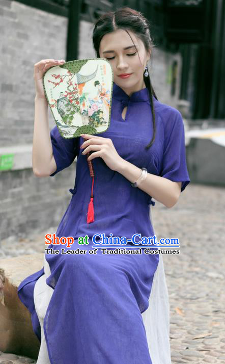 Traditional Ancient Chinese National Costume, Elegant Hanfu Mandarin Qipao Linen Purple Dress, China Tang Suit Chirpaur Republic of China Cheongsam Upper Outer Garment Elegant Dress Clothing for Women