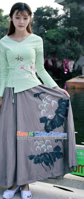 Traditional Ancient Chinese National Costume Pleated Skirt, Elegant Hanfu Linen Printing Long Grey Dress, China Tang Dynasty Bust Skirt for Women