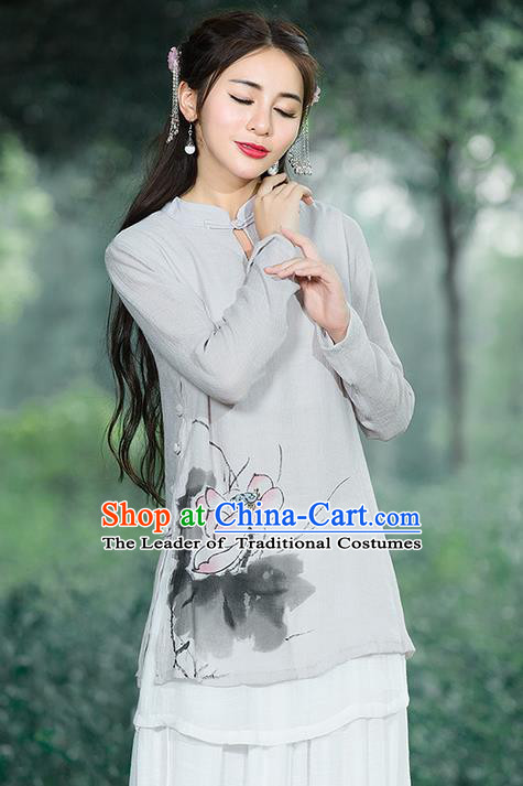 Traditional Chinese National Costume, Elegant Hanfu Ink Painting Lotus Flowers Stand Collar Grey Shirt, China Tang Suit Republic of China Plated Buttons Blouse Cheongsam Upper Outer Garment Qipao Shirts Clothing for Women