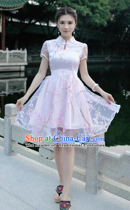 Traditional Ancient Chinese National Costume, Elegant Hanfu Mandarin Qipao Organza Pink Bubble Dress, China Tang Suit Chirpaur Republic of China Cheongsam Upper Outer Garment Elegant Dress Clothing for Women