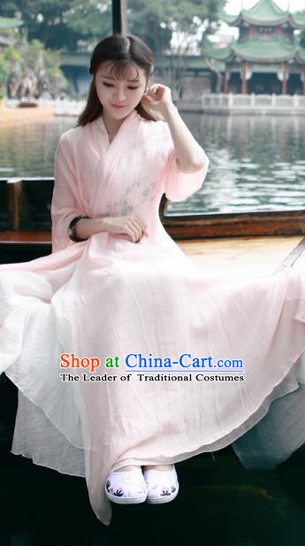 Traditional Ancient Chinese National Costume, Elegant Hanfu Mandarin Qipao Linen Pink Printing Dress, China Tang Suit Chirpaur Republic of China Cheongsam Upper Outer Garment Elegant Dress Clothing for Women