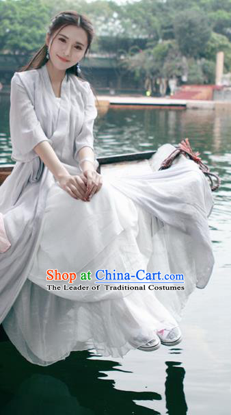 Traditional Ancient Chinese National Costume, Elegant Hanfu Mandarin Qipao Linen Grey Printing Dress, China Tang Suit Chirpaur Republic of China Cheongsam Upper Outer Garment Elegant Dress Clothing for Women
