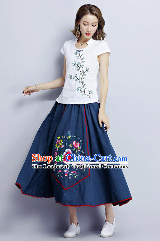 Traditional Ancient Chinese National Pleated Skirt Costume, Elegant Hanfu Embroidery Long Navy Dress, China Tang Dynasty Bust Skirt for Women