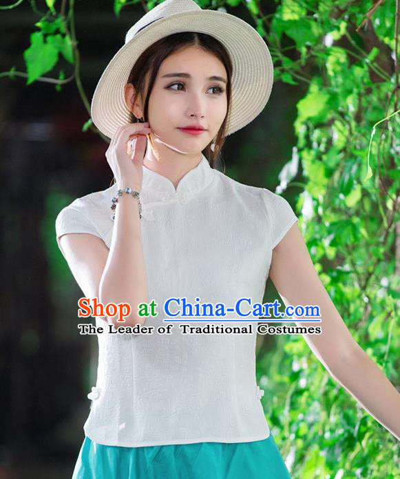 Traditional Chinese National Costume, Elegant Hanfu Slant Opening White Jacquard Shirt, China Tang Suit Republic of China Stand Collar Blouse Cheongsam Upper Outer Garment Qipao Shirts Clothing for Women