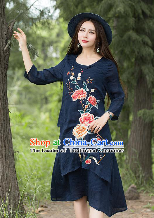 Traditional Ancient Chinese National Costume, Elegant Hanfu Embroidery Qipao Linen Navy Dress, China Tang Suit Chirpaur Republic of China Cheongsam Upper Outer Garment Elegant Dress Clothing for Women