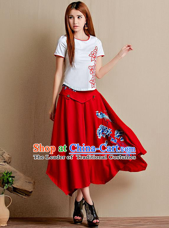 Traditional Ancient Chinese National Pleated Skirt Costume, Elegant Hanfu Linen Embroidery Long Red Dress, China Tang Suit Big Swing Bust Skirt for Women