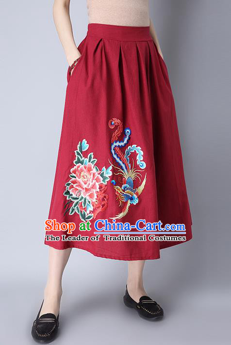 Traditional Ancient Chinese National Pleated Skirt Costume, Elegant Hanfu Linen Embroidery Peony Phoenix Long Red Dress, China Tang Suit Bust Skirt for Women