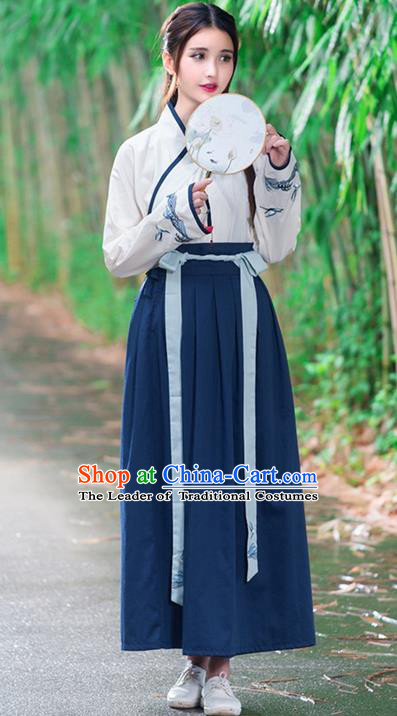 Traditional Ancient Chinese Costume, Elegant Hanfu Clothing Embroidered Slant Opening Blouse and Dress, China Ming Dynasty Young Lady Elegant Blouse and Skirt Complete Set for Women