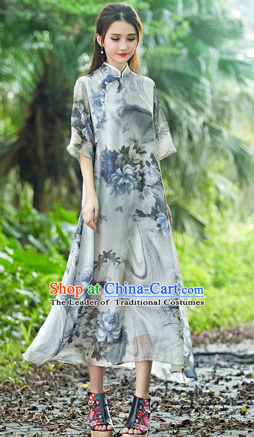 Traditional Ancient Chinese National Costume, Elegant Hanfu Mandarin Qipao Stand Collar Painting Grey Dress, China Tang Suit Chirpaur Republic of China Cheongsam Upper Outer Garment Elegant Dress Clothing for Women