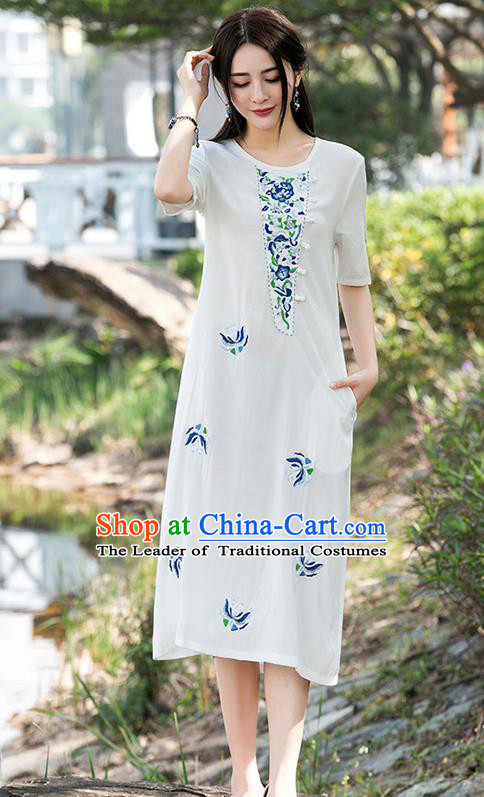 Traditional Ancient Chinese National Costume, Elegant Hanfu Mandarin Qipao Linen Embroidery White Dress, China Tang Suit Upper Outer Garment Elegant Dress Clothing for Women