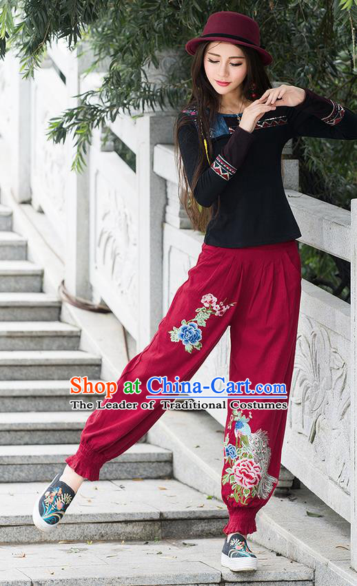Traditional Chinese National Costume Plus Fours, Elegant Hanfu Patch Embroidery Peony Red Bloomers, China Ethnic Minorities Folk Dance Tang Suit Pantalettes for Women