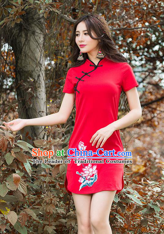 Traditional Ancient Chinese National Costume, Elegant Hanfu Slant Collar Mandarin Qipao Embroidery Red Dress, China Tang Suit Stand Collar Chirpaur Republic of China Cheongsam Upper Outer Garment Elegant Dress Clothing for Women