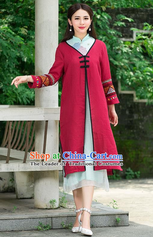 Traditional Ancient Chinese National Costume, Elegant Hanfu Red Embroidery Coat Robes, China Tang Suit Plated Buttons Cape, Upper Outer Garment Dust Coat Clothing for Women