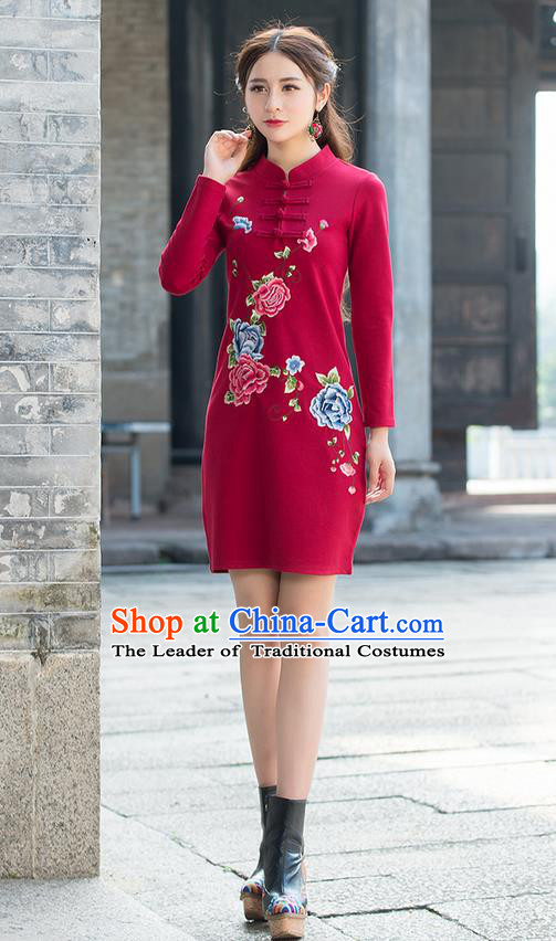 Traditional Ancient Chinese National Costume, Elegant Hanfu Mandarin Qipao Linen Embroidery Red Dress, China Tang Suit Plated Buttons Chirpaur Republic of China Cheongsam Upper Outer Garment Elegant Dress Clothing for Women
