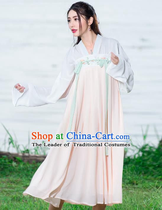 Traditional Ancient Chinese National Costume, Elegant Hanfu Embroidery Blouse and Dress, China Tang Dynasty Upper Outer Garment Elegant Pink Dress Clothing for Women