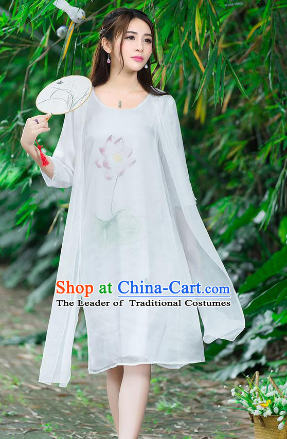 Traditional Ancient Chinese National Costume, Elegant Hanfu Painting Flowers White Dress, China Tang Suit National Minority Dance Elegant Dress Clothing for Women