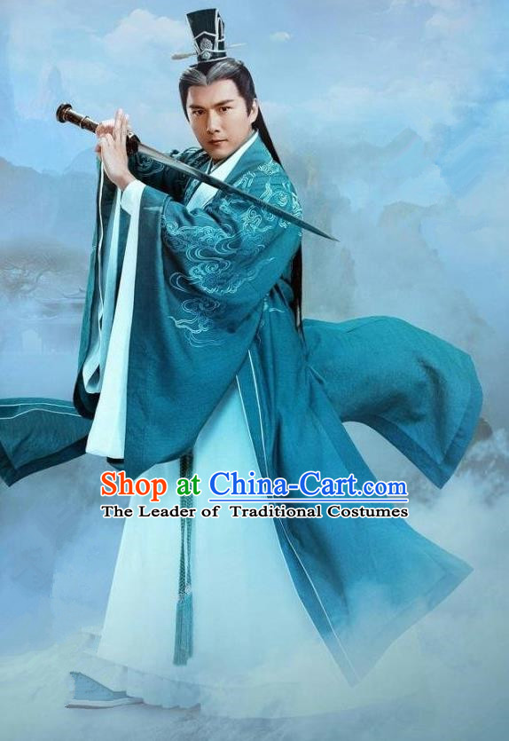 Traditional Ancient Chinese Elegant Swordsman Costume, Chinese Han Dynasty Taoist Priest Robes Kung fu Master Dress, Cosplay Chinese Television Drama Jade Dynasty Qing Yun Faction Elder Hanfu Clothing for Men