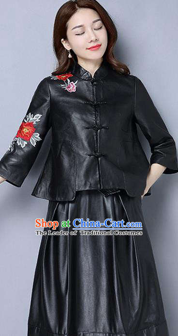 Traditional Ancient Chinese National Costume, Elegant Hanfu Stand Collar Embroidery Black PU Coat, China Tang Suit Plated Buttons Jacket, Upper Outer Garment Short Coat Clothing for Women