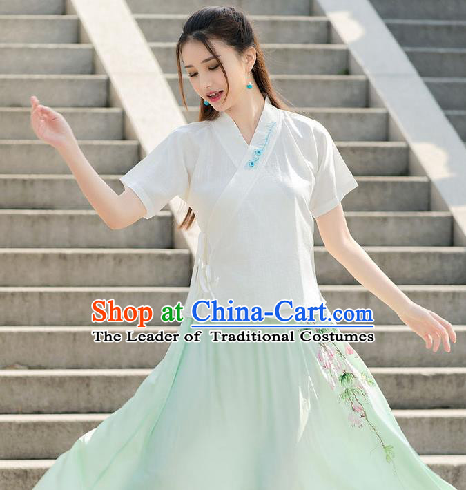 Traditional Chinese National Costume, Elegant Hanfu Embroidery Flowers Slant Opening T-Shirt, China Tang Suit Han Dynasty Blouse Cheongsam Upper Outer Garment Qipao Shirts Clothing for Women