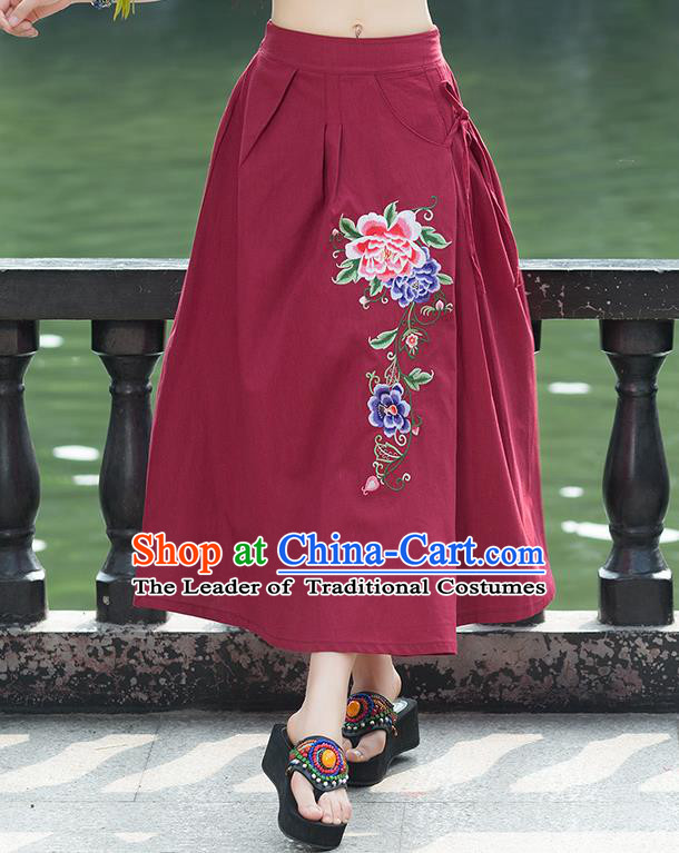 Traditional Ancient Chinese National Pleated Skirt Costume, Elegant Hanfu Embroidery Peony Flowers Long Red Linen Skirt, China Tang Suit Bust Skirt for Women
